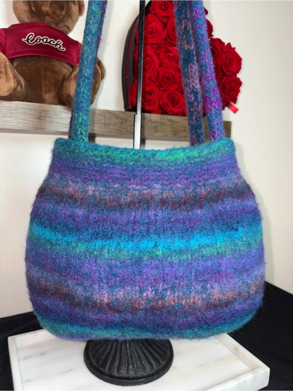 Handcrafted Multicolor Felted Wool Shoulder Bag - Purple & Teal